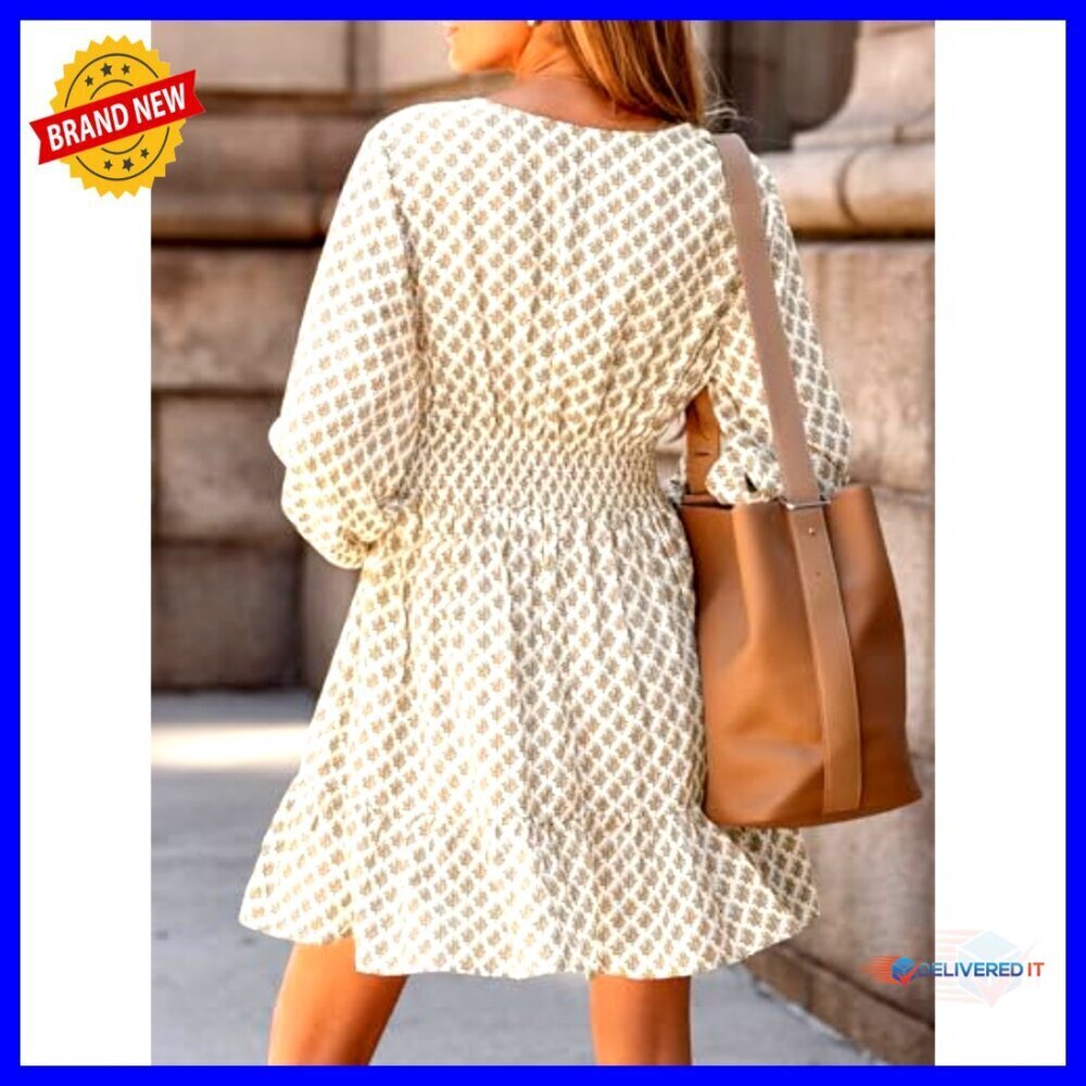 V Neck Long Sleeve Mini Dress Smocked Waist A Line Casual Sundress Elegant - Picture 2 of 7